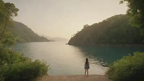 Un paisaje sereno con un océano tranquilo en el fondo, con natación de peces juntos, rodeado de vegetación exuberante y algunas personas de aspecto saludable disfrutando de la belleza de las naturalezas, con ondas sutiles que simbolizan el equilibrio, todo en medio de una luz dorada cálida y reconfortante