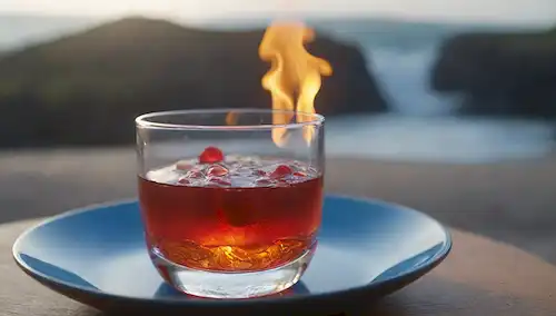 Un plato de ácidos grasos, con Omega-6 representado como una chispa ardiente de inflamación roja, rodeado de humo y llamas, junto a una onda omega-3 azul calmante, fluyendo suavemente en un vaso de agua con un paisaje pacífico en el fondo