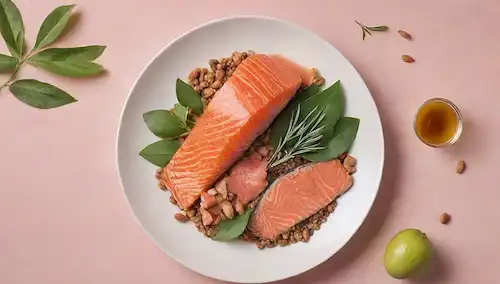 ilustración 3D de una placa equilibrada con alimentos ricos en ácidos grasos omega-3 y omega-6, como salmón, nueces, linazas y aceite de oliva, rodeado de hojas y vides para representar la salud y el bienestar, con un efecto gradiente sutil para transmitir un sentido de equilibrio