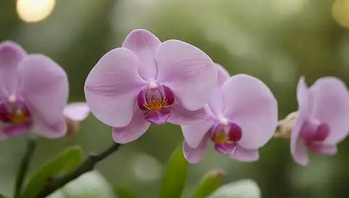 Un disparo de cerca, iluminación cálida, flores de orquídea, hojas verdes exuberantes, pétalos delicados, curvatura suave, enfoque suave en flores, fondo sutil borroso, colores vibrantes, detalles intrincados, atmósfera acogedor, entorno natural, ambiente pacífico