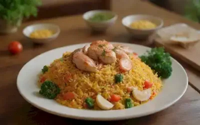 Un plato vibrante de arroz de color dorado con verduras mezcladas
