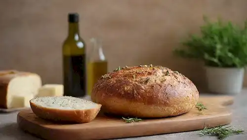 Un pan cálido y rústico con una corteza dorada, rodeado de hierbas frescas como el tomillo y el romero, colocado en una tabla de corte de madera, junto a un pequeño tazón de queso artesanal y una botella de aceite de oliva, contra un fondo borroso de una cocina con paredes de piedra y una luz natural derramada en