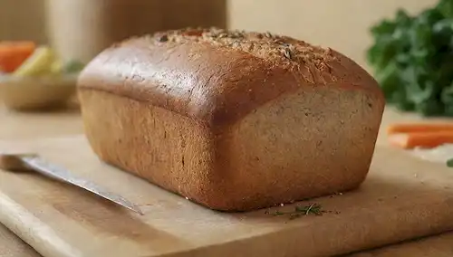 Una foto de tono caliente de un pan crujiente, marrón dorado de color, con unas pocas wisps de vapor que suben de su superficie, descansando en una tabla de corte de madera, rodeada de verduras frescas y hierbas como col rizada, zanahorias y romero, con un fondo de enfoque suave que sugiere un entorno rústico o campesino