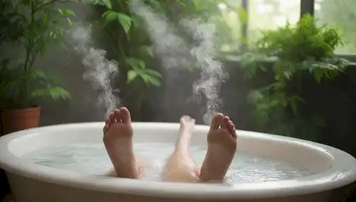 Pies empapados en un baño cálido