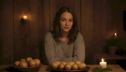 Una cálida y acogedora escena de la cocina por la noche, una mujer sentada en un taburete con un plato de patata delante de ella, velas encendidas alrededor de la mesa, una pared de madera rústica detrás, un sentido de intimidad y tranquilidad, algunas hierbas frescas diseminadas alrededor del plato