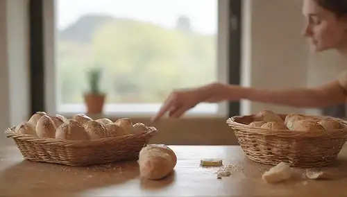 Una foto cálida y acogedora de una persona que rompe una baguette crujiente en pedazos, sentado en una mesa de madera con una cesta de pan recién horneado en el fondo, un enfoque suave borró por el entorno de la cocina circundante, con luz natural que vierte desde una ventana, enfatizando la comodidad y la solidez de la escena