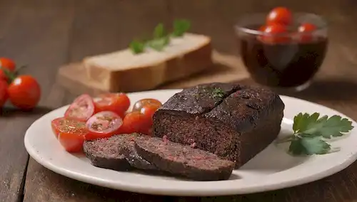 Un plato de paté de morcilla con un fondo rústico de madera, iluminación dorada, y adornado con perejil fresco, acompañado de baguette rebanada, tomates de cereza, y cebollas recubiertas, y un pequeño frasco de pan artesanal en la esquina
