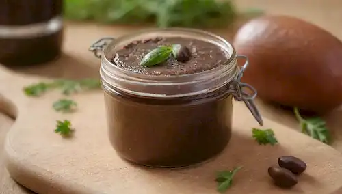 Un pâté de oliva negro en un frasco de vidrio elegante con una tapa dorada, rodeado de aceitunas frescas y perejil en una tabla de corte de madera, luz suave iluminando la escena, ambiente rústico y sofisticado, tonos terrenales dominantes, pocas migajas o derrames para la autenticidad