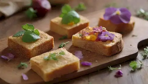 5-6 diferentes patitas gourmet en una tabla de madera rústica, costras doradas brillando, adornadas con hierbas frescas y flores comestibles, dispuestas en una composición armoniosa