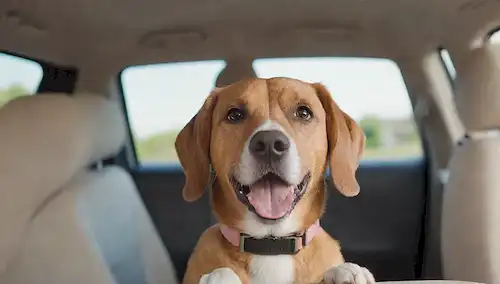 Ilustración 3D de un coche con un perro sentado cómodamente en el asiento trasero