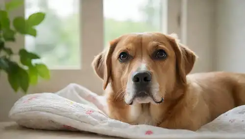 Una cara de perros con una expresión curiosa, rodeada de flores y plantas frescas, una cama de perro limpia o manta en el fondo, la luz del sol filtrando a través de una ventana o una rama de árbol fuera