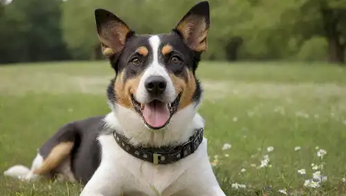 Un perro feliz con un abrigo brillante, tumbado en un campo pastoso con flores, rodeado de árboles, con un collar y correa, en un ambiente natural y sereno, mirando directamente al espectador con una expresión curiosa