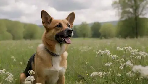 Un perro tranquilo en un prado verde, rodeado de flores y árboles florecientes, con un toque sutil de sol filtrando a través de las nubes, con una suave brisa frotando su piel