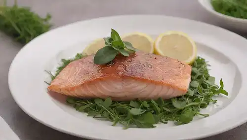 pescado con hielo en un plato blanco con hierbas frescas