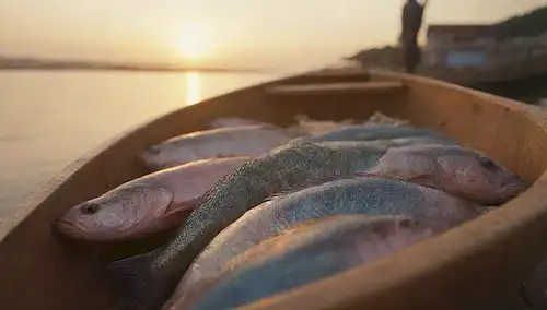 5-7 peces coloridos con escalas atrevidas, captura fresca en un barco de madera, fondo caliente de puesta del sol, agua tranquila del océano, redes de pescadores, paisajes de aldea de pesca rústica, colores vibrantes, y presentación apetitosa
