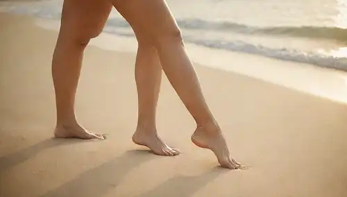 Las piernas en una pose relajada, borde de aguas o escenario de playa, luz solar caliente filtrando a través, suaves ondas en la superficie, sutil toque de vibraciones de verano, ambiente calmante, expresión serena y enfoque suave