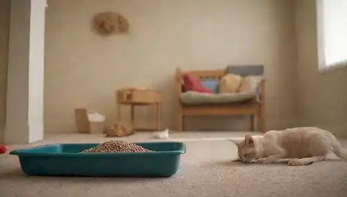 Una habitación limpia con una cama de mascotas en el centro, rodeada de juguetes y golosinas, una caja de basura o torre de gato en la esquina, un cuenco de comida para perros en el suelo, una mano humana sosteniendo una escoba y una cacerola en el fondo, una imagen débil de una pulga o garrapata en la pared, una sombra sutil de un post rayado
