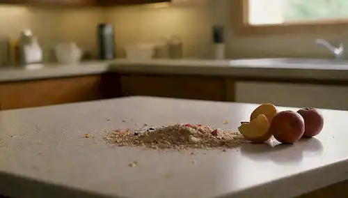 Cierre de un mostrador de cocina con migas, azúcar derramada y fruta madura, luz caliente fluyendo desde arriba, unas cuantas polillas volando alrededor de una pequeña lata de basura o chatarra de alimentos, partículas de polvo flotando en el aire, y un esbozo débil de una puerta de gabinete cercana ligeramente ajar