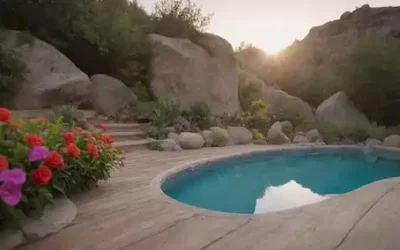 Una escena serena y acogedora de la piscina con vegetación exuberante