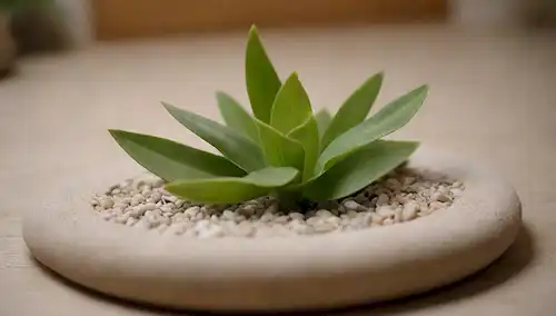 Una planta serpentina con hojas curvas, situada en una superficie de madera natural o piedra, rodeada de piedras decorativas y pequeñas plantas, con iluminación suave y cálida, con un efecto borroso sutil para transmitir un sentido de cuidado suave, e incorporando algunos elementos de vegetación en el fondo