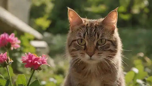 3-5 plantas coloridas y exuberantes con flores o hojas tóxicas; un gato curioso olfateando a ellos; un signo de advertencia sutil o símbolo en el fondo; un ambiente cálido y acogedor al aire libre
