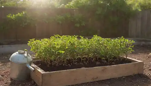 Una cama de jardín con suelo, plántulas de guavas y chiles creciendo juntos, unas pocas hojas ya mostrando, luz solar filtrando a través de huecos en el esgrima de madera, una pequeña lata de riego o tropiezo cerca, suave follaje de fondo, colores naturales solamente