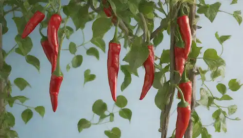 pimientos de guindilla maduras y chiles creciendo en una vid verde exuberante, enlazada alrededor de un tréllis de madera rústica, con unas pocas hojas y flores dispersas en medio de los tallos, colocados en un fondo azul o blanco suave, con luz natural filtrando a través de