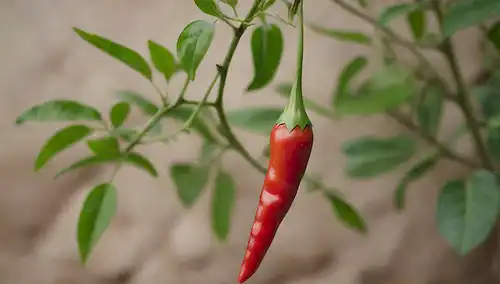 Una planta de chile verde vibrante con hojas y tallos creciendo hacia arriba, algunos pimientos rojos maduros colgando de ramas, un fondo borroso de tonos terrenales y posiblemente algunas herramientas de jardinería o piedras