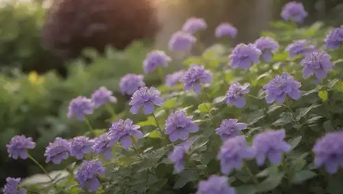 Floreces de flores púrpuras delicadas con textura aterciopelada, una cama de jardín llena de vegetación exuberante, un trellis en el fondo para el apoyo, sutil sombra para sugerir ambientación al aire libre, enfoque suave en una flor prominente con anteras expuestas, suave luz del sol echando brillo cálido, y unas pocas hojas dispersadas por el realismo
