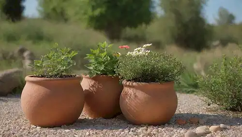 3-5 macetas con plantas rodeadas de pequeñas piedras o piedras