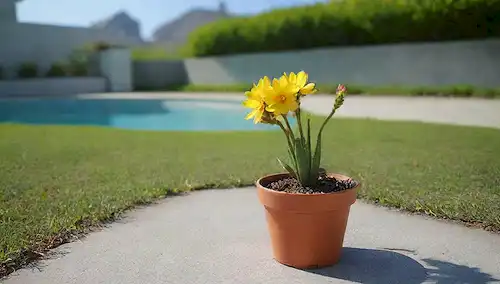 Una planta suculenta de Beaucarnea con tallos gruesos, hojas de almacenamiento de agua y una flor amarilla brillante, contra un soleado fondo al aire libre con cielo azul, hierba verde o pavimento de hormigón