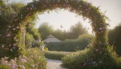 Una exuberante y vibrante ambientación al aire libre con un trellis, unas cuantas mariposas deslumbrantes, un sutil cielo gradiente, flores delicadas floreciendo, vegetación envuelta alrededor de la estructura curvada, luz natural fluyendo desde la esquina superior izquierda, y enfoque suave en las plantas detalles intrincados