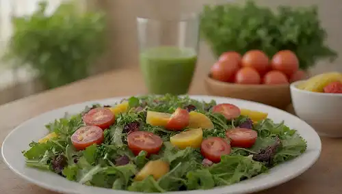 Una ensalada verde vibrante con verduras mezcladas, un fondo colorido con textura sutil, un ajuste de mesa caliente, rebanadas de frutas frescas dispersas alrededor, un vaso de agua o jugo en la esquina, algunas ramitas de hierbas agregadas para adornar