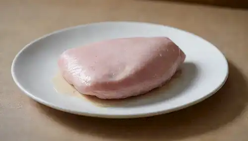 Una placa de pechuga de pollo crudo