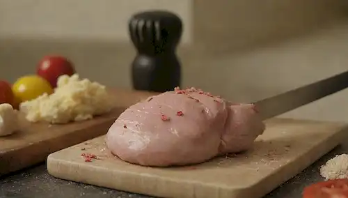 Un plato con piezas de pollo crudas, un cuchillo de chef, una tabla de cortar, una encimera de cocina con migajas, utensilios y una señal de parada roja cruzada