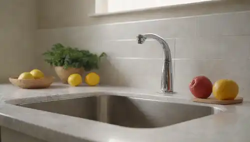 Un lavabo de cocina limpio con agua brillante y rebanadas de fruta fresca en un tazón cercano, un baño cerrado sin problemas visibles, un fondo de luz solar cálida o iluminación suave, azulejos blancos minimalistas o encimera de mármol, sin desorden ni desorden alrededor, un sentido de serenidad y frescura