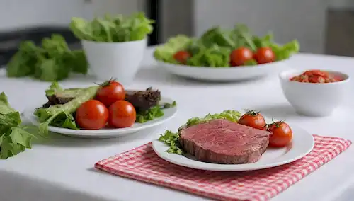Un plato con una rebanada de jugosa carne roja