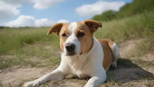 Un perro acostado en una cálida playa de arena, tomando el sol, con una expresión tranquila, rodeado de exuberante césped verde y un cielo azul claro con nubes blancas hinchadas, que transmiten serenidad y relajación