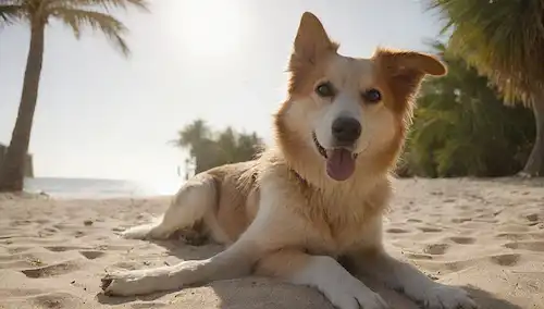 Un perro feliz acostado en una cálida playa de arena