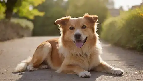 un perro feliz basking en la cálida luz del sol, pose relajada, piel ahumada, suave sonrisa, patas abiertas, atmósfera sin preocupaciones