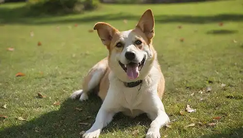 Un perro feliz tumbado en un cálido rayo de sol en una exuberante superficie verde hierba con algunas hojas dispersas cerca