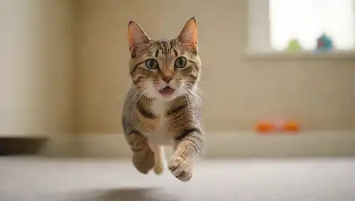 Un gato curioso con una expresión enfocada, corriendo en el aire medio, con patas ligeramente levantadas, con un fondo borroso, transportando energía y movimiento, quizás con unos pocos juguetes o objetos dispersos alrededor