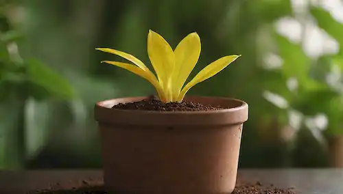 Un disparo de cerca de una olla con suelos y plantas interiores de barrido, unas hojas que se vuelven amarillas, con partículas de óxido de hierro o oxidación visibles en la superficie del suelo, rodeadas de vegetación exuberante para destacar el contraste, con enfoque suave e iluminación cálida para transmitir un sentido de preocupación