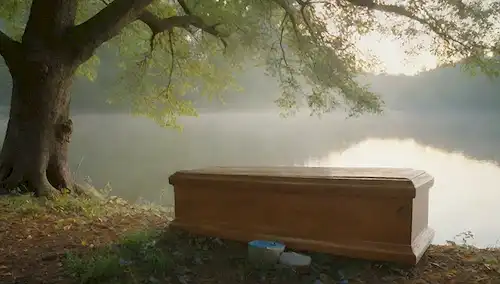 Un entorno natural sereno con un árbol de vida, suave luz solar filtrando a través de hojas, un lago o río tranquilo, un ataúd de madera minimalista o urna, flores y velas delicadas, una niebla sutil o niebla, colores calmantes como verde, azul y beige