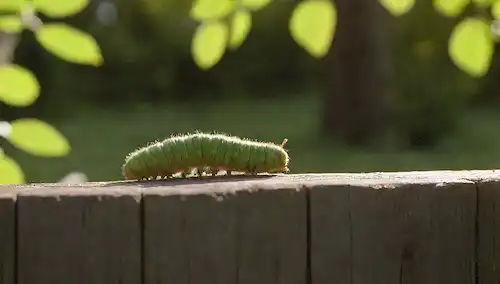 Una oruga verde amarillento en un poste de madera con hojas, un gato o un perro en el fondo, posiblemente asustado, rodeado de follaje verde, luz solar cálida y sombras sutiles