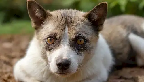 Un disparo de cerca de un perro o gato con piel afectada, cubierto de descarga de olor blanco o amarillento, rodeado de orugas marrones o negras, en un fondo borroso de un jardín o parque, con algunas hojas y ramitas dispersas alrededor, destacando el ambiente