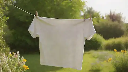 Una camiseta blanca desgastada con manchas amarillas en ella, colgando de un tendedero en un jardín soleado, rodeado de césped verde fresco y flores vibrantes