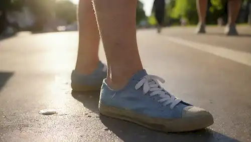 Una persona que lleva zapatillas, disparos de sus pies con sudor goteando de los dedos de los pies, cordones sucios y suelas gastadas; un fondo de una calle urbana ocupada o centro de transporte público, con toques de atmósfera de verano como rayos de sol y sombras de árboles