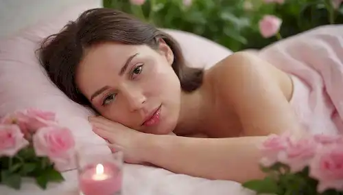 Una persona serena acostada en una cama de flores con un resplandor suave, rodeada de vegetación exuberante, sosteniendo un pequeño vaso lleno de líquido rosa vibrante, con sutiles relieves en su piel, y un efecto de enfoque suave para transmitir relajación y bienestar