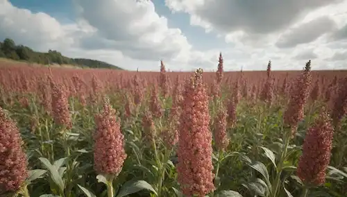 Ilustración 3D de quinoa, amaranto y plantas de trigo en un entorno natural, rodeado de sol y nubes, con tonos terrenales y colores vibrantes, destacando sus formas y texturas únicas